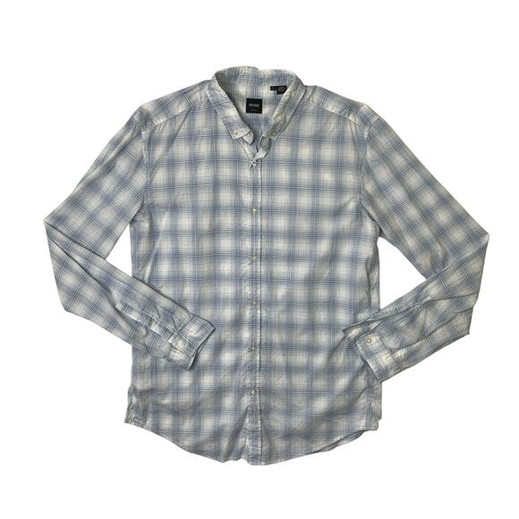 Hugo Boss Shirt Mens L Large Blue White SLIM Fit Plaid Button Down Cotton Dress - Picture 1 of 8
